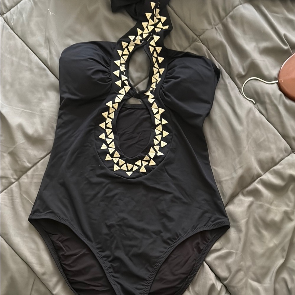 Trina Turk Black One-Piece Swimsuit with Gold Stud Accents